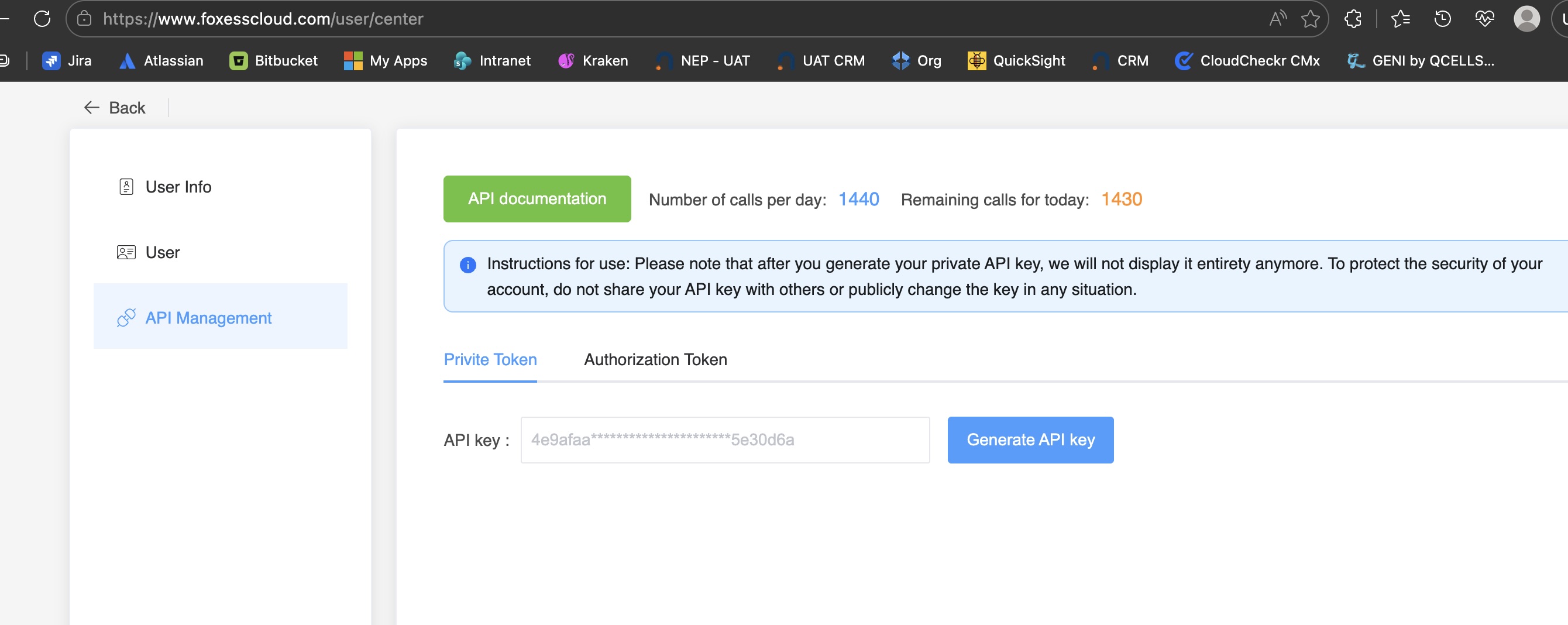 FoxESS API Management screen showing the generated API key token